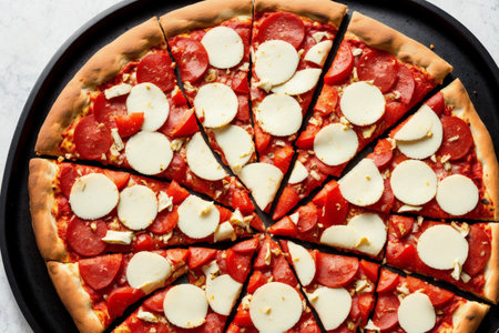 Pizza with mozzarella, tomatoes and salami on a black plateの素材