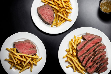 Slices of steak with french fries on a black background.の素材