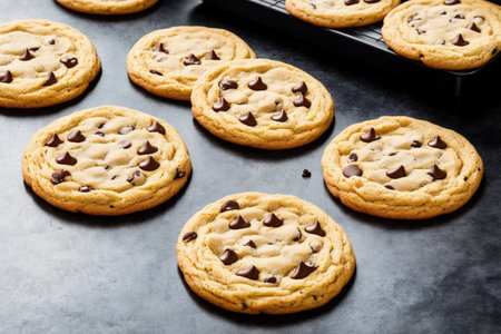 Chocolate chip cookies on a black background. Selective focus.の素材