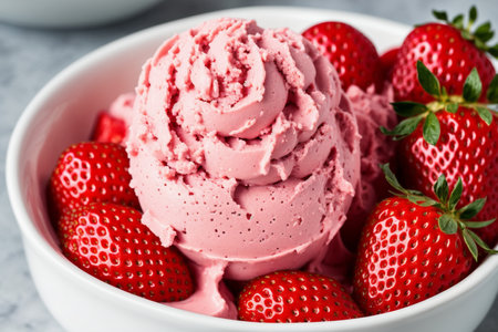 Strawberry ice cream with fresh strawberries in bowl, closeupの素材