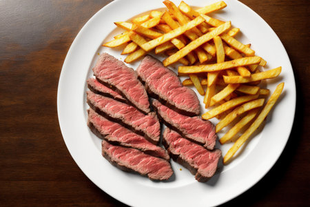 Grilled beefsteak with french fries on a white plate.の素材