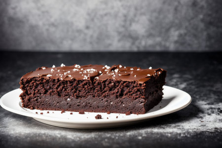 Homemade chocolate cake on a white plate on a dark background.の素材