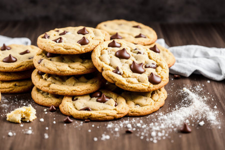 Chocolate chip cookies on wooden table. Chocolate chip cookies on wooden backgroundの素材