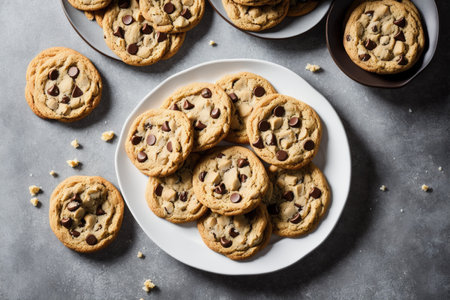 Chocolate chip cookies on a white plate over stone background. Top view, flat layの素材