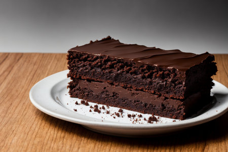 Chocolate cake on a white plate on a wooden table. selective focusの素材