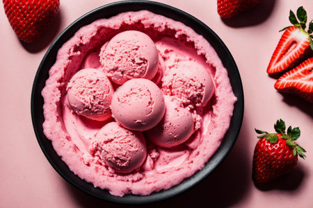 Strawberry ice cream in a bowl on a pink background.の素材