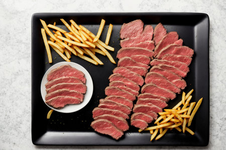 Slices of dry aged wagyu beef steak with french friesの素材