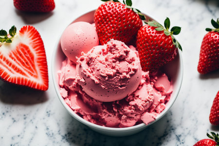 Strawberry ice cream scoops in a bowl with fresh strawberriesの素材