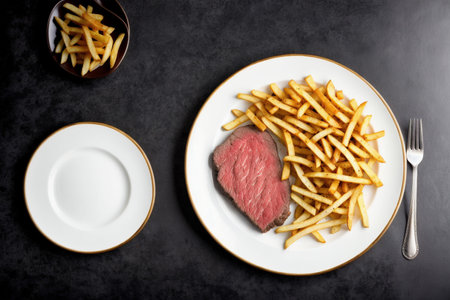 Fillet of beef with french fries on a plate. top viewの素材