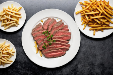 Steak with french fries and herbs on a black background. top viewの素材