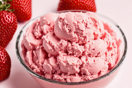 Strawberry ice cream in a glass bowl on a pink backgroundの素材