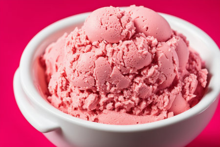Scoop of pink ice cream in white bowl on pink backgroundの素材