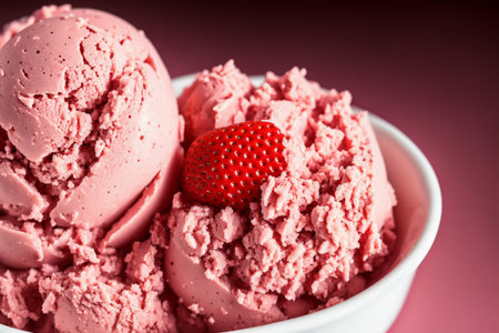 Strawberry ice cream in a white bowl on a pink backgroundの素材