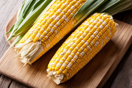 Fresh corn on the cob on a wooden background. Selective focus.の素材