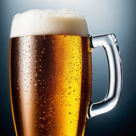 Mug of beer with foam on a dark background close-upの素材