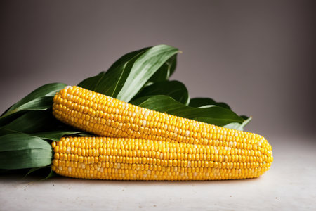 Fresh corn on the cob with green leaves on a gray background.の素材