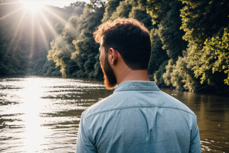 Back view of young man standing on river bank and looking at sunsetの素材