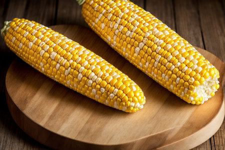 Fresh corn on the cob on a cutting board on a wooden backgroundの素材