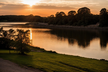 Sunset over the river with trees and grass on the banks.の素材