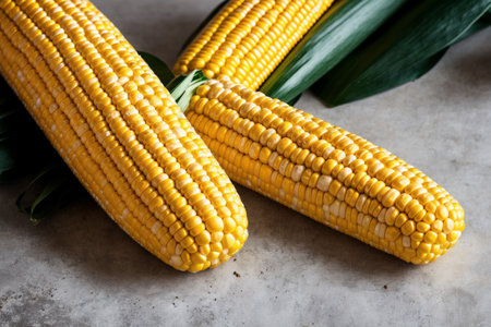 Fresh corn on the cob on a gray background. Selective focus.の素材