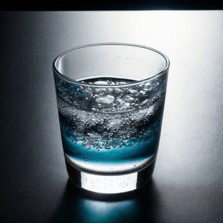 Glass of water with bubbles on a dark background. Toned.の素材