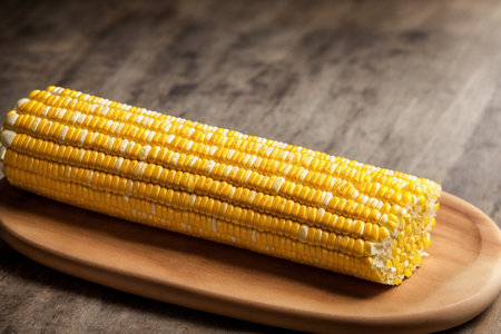 Boiled corn on a wooden plate on a rustic background.の素材