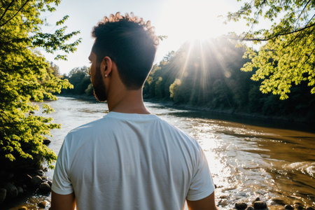Back view of young man standing by river and looking at sunset.の素材
