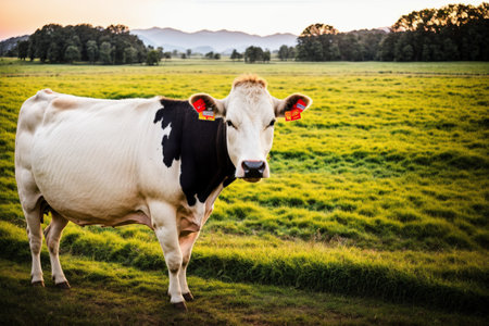 Beautiful cow on a green meadow at sunset in summer.の素材
