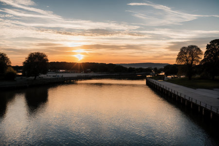 Sunset over the river in the city of Brno, Czech Republicの素材
