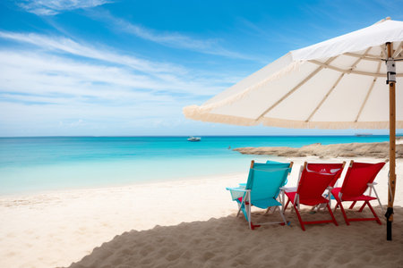 Beach chairs and umbrella on the sandy beach with turquoise waterの素材