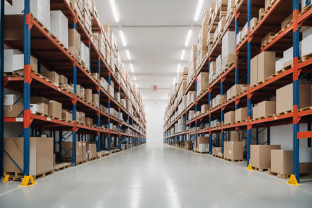 Warehouse interior with rows of shelves and boxes. Shallow depth of fieldの素材