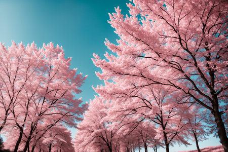 Cherry blossoms on blue sky background. pink color tonedの素材
