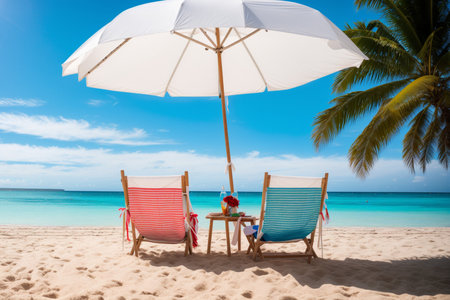 Couple on a tropical beach with umbrella and chairs. vacation conceptの素材