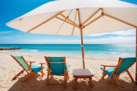 Beach chairs and umbrella on beautiful tropical beach. vacation conceptの素材