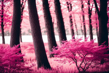 Beautiful pink forest with trees and fog in autumn season, vintage styleの素材