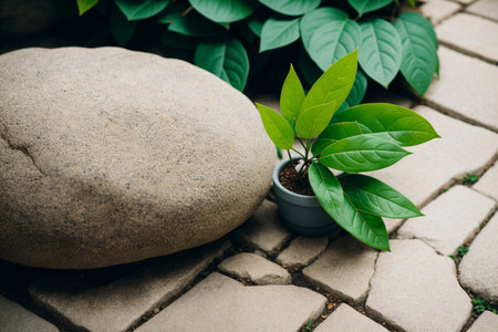 Green plant growing on stone in the garden with copy space for textの素材