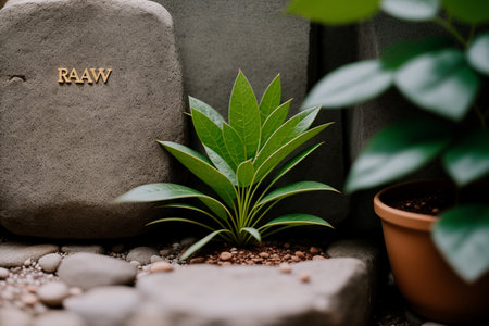 Stone and plant in the garden with space for your text, stock photoの素材