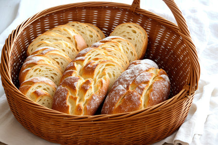 Bread in a wicker basket on a white tablecloth.の素材