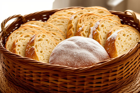 Basket of fresh bread in a bakery. Shallow dof.の素材