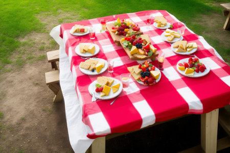Picnic table with fruit and cheese on tablecloth in the gardenの素材