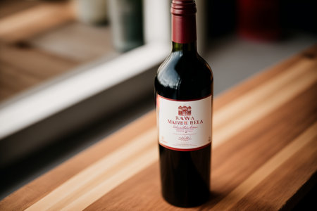 Bottle of red wine on a wooden shelf in a wine storeの素材