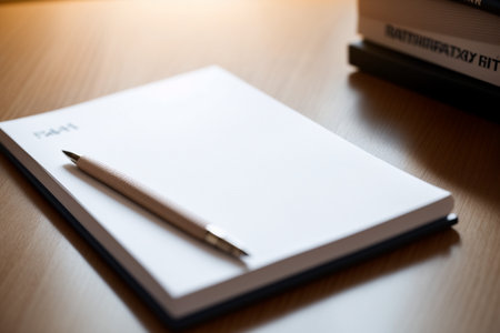 Notebook and pen on the wooden desk with copy space for add textの素材