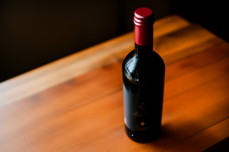 Bottle of red wine on a wooden table with a dark backgroundの素材