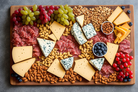 Cheese plate with prosciutto, parmesan, blue cheese, grapes and nuts.の素材