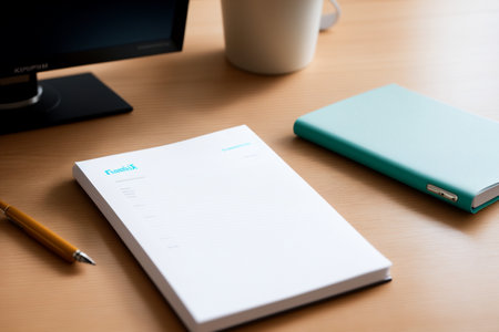 Notebook with pen and computer on wooden table. Workplace.の素材