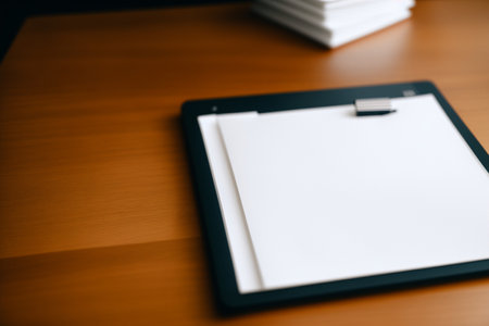 Blank paper on wooden table with copy space for adding text.の素材