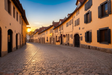 Sunset view of a street in the old town of Sighisoara, Romaniaの素材