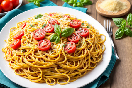 Spaghetti pasta with tomato and basil on wooden table. italian foodの素材