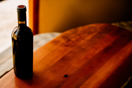 Bottle of red wine on wooden table in cafe, stock photoの素材