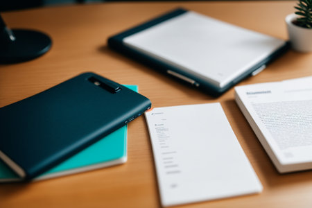 Close-up view of laptop, tablet and stationery on wooden tableの素材